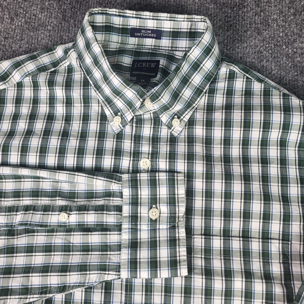 J.Crew Performance Slim Untucked Shirt Mens Medium Green White Plaid Button Down